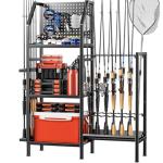 POKIPO Fishing Rod Holders for Garage,Fishing Rod Rack Storage up to 18 Rods,3 Tier Adjust Heavy Duty Metal Fish Pole Stand Organizer with Pegboard for Fishing Gear and Equipment Accessories