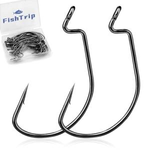 FishTrip EWG Hooks for Bass Fishing-50pcs Offset Worm Hook Texas Rig Hooks for Freshwater Saltwater Size 1