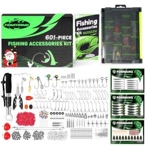 FONMANG 601-Piece Fishing tackle box with fishing gear，[2025 Christmas Limited Edition]Fishing Gifts for men，Tackle Box with Tackle included,Fishing Lures,Hooks, Weights, Jig Heads