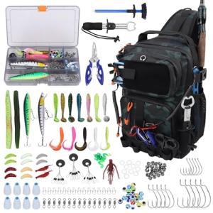 Fishing Backpack with Tackle Boxes,Waterproof Fishing Shoulder Bag for Fishing Gear,Fish Sling Bag with Fishing Lures Kit,Fish Hook Remover Tool,Fish Lip Gripper,Fishing Plier,Gifts for Men (Green)