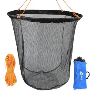 Drasry High Load-Bearing Aluminum Ring Bridge and Pier Fishing Net Rubber Coating Landing Net Foldable Drop Net for Saltwater Freshwater Pier Fishing Baskets 49.2 FT Rope（23.6 * 23.6 * 27.5 in）