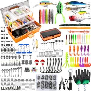 DIGOAKO Large 3-Layer Fishing Tackle Box with Tackle Included, 417Pcs Fishing Lures Kit, Gloves, Crankbaits, Hooks, Weights & Other Accessories, Fresh Water Bass Fishing Kit Equipment Gift for Men