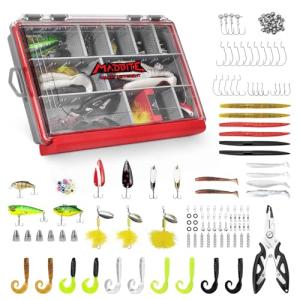 MadBite by KastKing 143pcs Freshwater Fishing Lure Kit, Includes Crankbaits, Poppers, Spinners, Hooks, Weights, and Other Fishing Accessories, Bass/Panfish Tackle Kit with 3600 Tackle Box and Pliers