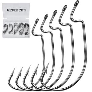 Fishing Hooks for Bass Fishing - 50pcs EWG Offset Worm Hook Texas Rig Hooks for Freshwater Saltwater Size 1/0 2/0 3/0 4/0 5/0 - Soft Lures Worms Plastics Bait Fishing Hook with Tackle Box