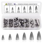Bullet Fishing Sinkers Weights, 29/83pcs Fishing Weights Assortment Worm Weights Slip Sinkers for Bass Fishing Saltwater Freshwater