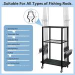 TC-HOMENY Fishing Rod Holder for Garage, Fishing Pole Rack Cart 10 Rod Fit All Fishing Rods, 3 Tier Fishing Tackle Storage Organizer Rack with Storage Bag, Fit For Living Room, Black