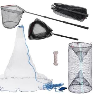 3 Pcs Foldable Fishing Net Accessories :Fishing Cast Net with Heavy Duty Real Zinc Sinker Weights丨 Fishing Landing Net with Telescoping Pole Handle 丨Crab Crayfish Shrimp Crab Trap