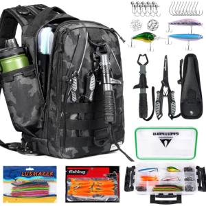 Ghosthorn Fishing Backpack with Tackle Boxes, Fish Pliers, Fish Lip Gripper, Lures, Waterproof Tackle Bag with Rod Holder, Fishing Gear Sling Bag Gift For Men Women Anglers (Black)