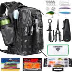 Ghosthorn Fishing Backpack with Tackle Boxes, Fish Pliers, Fish Lip Gripper, Lures, Waterproof Tackle Bag with Rod Holder, Fishing Gear Sling Bag Gift For Men Women Anglers (Black)