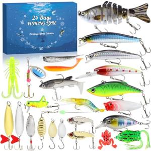Advent Calendar 2025 Fishing Lure for Men Teen Boys,24 Day Christmas Countdown Fishing Lure Tackle Kit Soft Lures Spoons Minnow Popper Crankbait VIB,Fishing Xmas Gifts for Fisher Father Grandpa