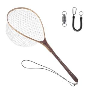 Aventik Fly Fishing Landing Trout Fishing Wooden Net with Magnet Release Soft Rubber Net Bag Catch & Release Great Protection for Fish (Long Handle/Small Hole with Magnet)