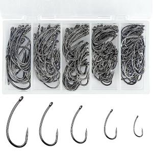 200pcs Barbless Fishing Hooks Kit Carp Fishing Fly Tying Hooks Circle Curve Shank Barbless Live Bait Carp Hair Rig Trout Freshwater Saltwater