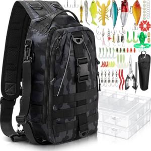 RoundFunny 85 Pcs Fishing Backpack with Tackle Boxes, Tackle Sling Bag with Rod Holder, Fishing Lures Kit and Pliers Set for Men Women(Incognito Camouflage)