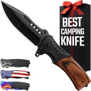Spring Assisted Tactical Pocket Knife with Wood Handle