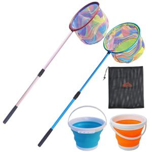 Kids Fishing Nets with Bucket Fishing Retractable Landing Net Lightweight Aluminum Pole with Non-Slip Handle for Catch and Release and Release Frogs Butterfly Youth Outdoor