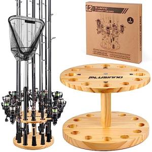 PLUSINNO V12 Fishing Rod Holders for Garage, Vertical Fishing Pole Holders Wooden Round Floor Stand, Fishing Rod Rack Holds up to 12 Rods or Fishing Nets Storage Organizer Racks, Fishing Gifts for Men