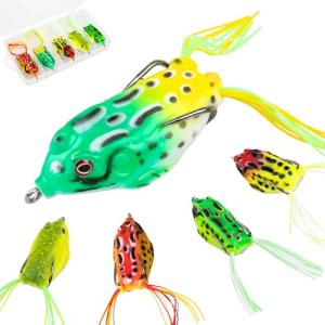 5 PCS Topwater Frog Lures Soft Silicone Fishing Lures Kit - Realistic Design Frog Swimbait with Weedless Hooks and Portable Box, Suitable for Freshwater and Saltwater Bass Fishing