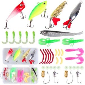 33 Pcs Fishing Lures Kit for Freshwater Bait Tackle Kit for Bass Trout Salmon Fishing Accessories Tackle Box Including Spoon Lures Soft Plastic Worms