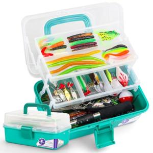 TCMBY 3 Layers Tackle Box with Tackle Included, 321Pcs Fishing Lures Kit Contains Pliers, Crankbait, Hooks, Weights & Accessories, Fishing Gear Bait Lure Gifts for Men Bass Freshwater (Green)