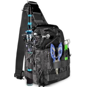 Fishing Backpack Fishing Tackle Storage Bag Fishing Gear with Rod Holder Small Sling Backpack for Outdoor Fish,Hiking,Travel,Hunting (E-Camouflage Black)