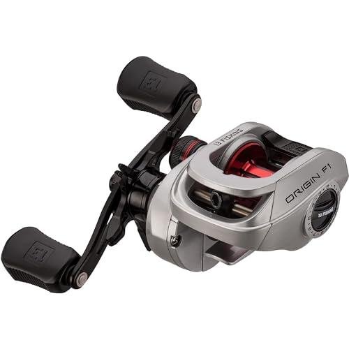 13 FISHING - Origin F1 Baitcast Reel - 8.1:1 Gear Ratio - Right Hand Retrieve (100 Size) (Fresh) - OF1-8.1-RH-CP, Silver/Black/Red