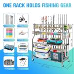 PeBro Fishing Pole Holders, Fishing Rod Holders for Garage, Fishing Rod Holder for Fishing Rod Tackle Box Reel Storage, All-In-One Fishing Rod Rack with Hooks and Wheels
