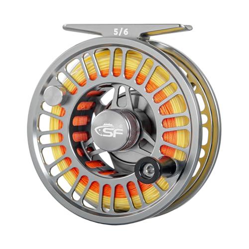 SF SF-003 Pro Fly Fishing Reel for Freshwater - CNC Machined, Mid Arbor Design, Smooth Drag System, Lightweight Aluminum Body - 5/6wt, Matte Gunmetal Gray,Pre-Loaded Fluorescent Yellow Fly Line Kit