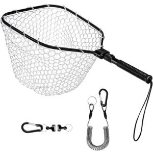 DEAYOU Fly Fishing Landing Net, Soft Rubber Mesh Bass Trout Net with Collapsible Handle and Magnetic Release, Folding Catch and Release Net for Freshwater, Fly Fishing Gear Accessories