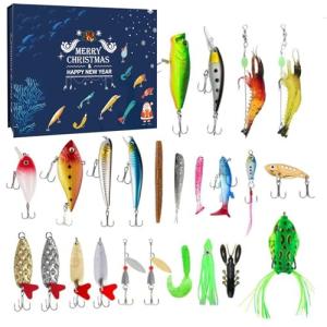 Christmas Fishing Lures Advent Calendar, 24 Days Countdown Gift Set with Tackle Box, Holiday Themed Fishing Gear Assortment for Men, Boys, Teens