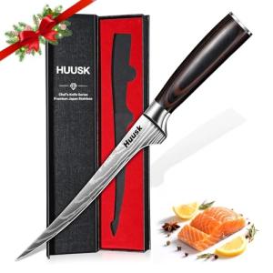 Huusk Filet Knife for Fish - 7 Inch Fish Fillet Knife with Wood Handle, Flexible Boning Knives for Meat Cutting, Professional Japanese Fishing Knives for Meat Poultry Cutting, Christmas Gifts for Men