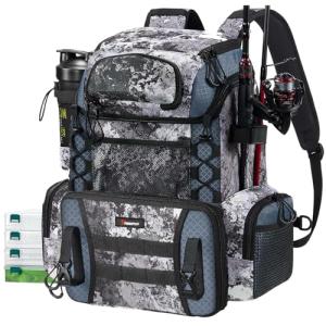 Piscifun Fishing Tackle Backpack with Rod Holders & 4 Tackle Boxes, Waterproof Rain Cover, Bottle Holder, Water-resistant Fishing Bag Store Fishing Gear & Equipment, Veil Camouflage