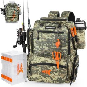 KastKing Bait Boss Fishing Tackle Backpack with Rod Holders-4 Tackle Boxes-Rain Cover,43L Large Storage for Fishing Gear, Dark Green Camouflage