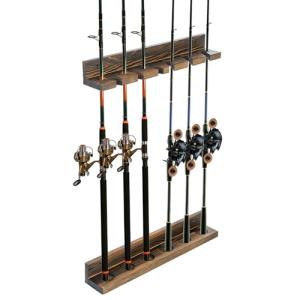 MyGift Fishing Rod Holder, Wall Mounted Burnt Wood Fishing Pole Holders for Garage, Adjustable Vertical Hanging Garage Storage Fisherman Gear Rack Holds 6 Rods, Christmas Gift