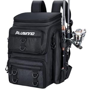 PLUSINNO Fishing Backpack with Rod Holders Tackle Box, 42L Large Water-resistant Fish Tackle Bag Store Fishing Gear