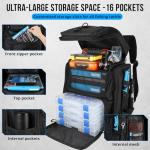 PLUSINNO Fishing Backpack with Rod Holders Tackle Box, 42L Large Water-resistant Fish Tackle Bag Store Fishing Gear