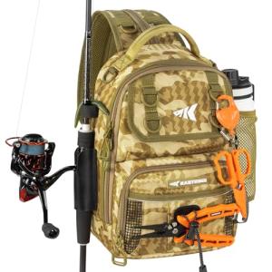 KastKing BaitSpace Standard Fishing Tackle Sling Bag, Water-resistant Backpack & Sling Pack for Bank, Wader & Boat Fishing, Rod & Beverage Holder, Adjustable Straps, Durable Nylon Fabric