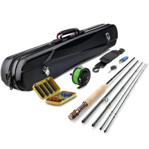 Gonex Fly Fishing Rod and Reel Combo Starter Kit, 8FT 4-Piece Carbon Fiber Rod, Aluminum Reel, 12Pcs Flies, Fishing Line, Scissors, Premium Travel Case, Portable Lightweight, Black Green