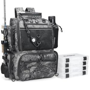Rabjen Fishing Tackle Backpack with Rod Holders, Bottle Holder, Storage Bag Store Fishing Gear