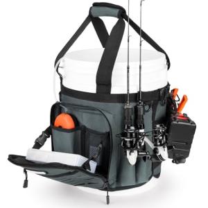 KastKing Karryall Fishing Bucket Organizer for 5 Gallon Bucket,Ice Fishing Tackle Bag with Adjustable Buckle, Rod & Plier Holder and Multi-Pockets for Fishing Gear & Accessories Storage,Dark Gray