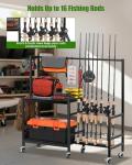 EXTCCT Fishing Rod Holders for Garage, Fishing Pole Rack Holds Up to 16 Rods with Hooks, Heavy Duty Rolling Fishing Cart with Wheels, Fishing Equipment Storage for Man's Gift (Black)