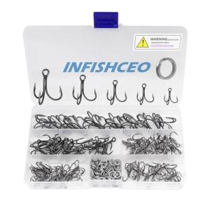 INFISHCEO Fishing Treble Hooks Kit, 200pcs Mixed Sizes 2, 4, 6, 8, 10, High Carbon Steel, 3X Strong, Sharp, Round Bend, Saltwater & Freshwater