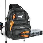 KastKing BaitSpace Fishing Tackle Bag, Water-resistant Tackle Storage with 2 Black Camo Tackle Boxes & Detachable Soft Bait Binder, Adjustable Backpack for Bank, Wading, & Boat Fishing