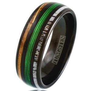 King's Cross Awesome 6mm/8mm Tungsten Carbide Low Dome Band Ring with Fishing Line Between Whiskey Barrel Oak Wood and Deer Antler Inlays. Multiple Colorways. (Black/Green, 8mm 8)