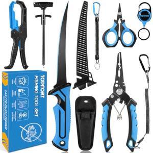 TOPFORT Fishing Gear Tool Kit - 7PC Saltwater Fishing Pliers Accessories Set - Fishing Equipment with Fish Knife Scissors Hook Remover Tools Line Cutter and Fish Lip Gripper - Fishing Gifts for Men