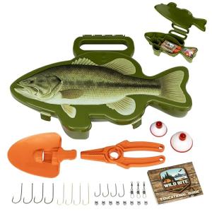 Flambeau Outdoors Wild Bite Fishing Tackle Box Kit Green/BASS - Tackle Box for Beginners, 25-Piece Multi-Species Tackle Assortment for Catching Bass/Panfish/Trout, Spade and Plier Multi-Tool