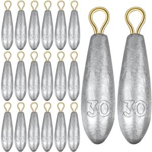 20 Pieces Drop Fishing Weights Sinkers Kit, Bullet Raindrop Streamlined Fishing Weight for Freshwater Saltwater Casting Removable Drifting Bottom Fishing Accessory (0.35 oz)