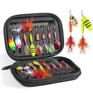 16pcs Fishing Lures Spinner Baits, Trout Bass Salmon Lures Kit with Treble Fishing Hooks & Rooster Tail, Fishing Gears Spinnerbait Spoons Baits for Freshwater Saltwater Trout, Gift for Men