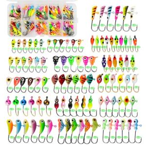 Master Ice Fishing Jigs Kit, Glow in Dark Ice Fishing Lures Set with Sensitive Jig Heads for Panfish, Crappie, Walleye, Perch with Tackle Storage Box(100pcs)