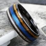 Stunning Unique 8mm Polished Black Tungsten Carbide Low Dome Band Ring with Fishing Line Between Whiskey Barrel Oak Wood and Deer Antler Inlays. (Tungsten (8mm), 9)