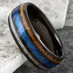 Stunning Unique 8mm Polished Black Tungsten Carbide Low Dome Band Ring with Fishing Line Between Whiskey Barrel Oak Wood and Deer Antler Inlays. (Tungsten (8mm), 9)